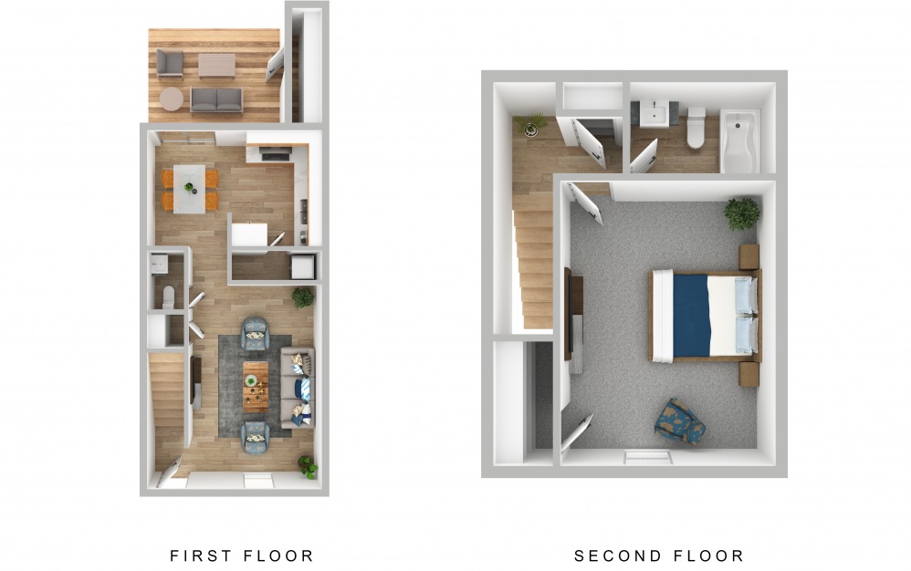 One Bedroom Townhome - 1 bedroom floorplan layout with 1.5 bath and 887 square feet (1st floor 3D)