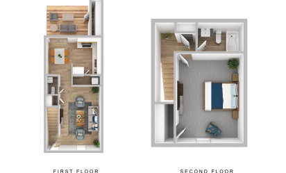 One Bedroom Townhome - 1 bedroom floorplan layout with 1.5 bath and 887 square feet