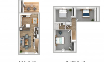 Three Bedroom Townhome - 3 bedroom floorplan layout with 1.5 bath and 1233 square feet