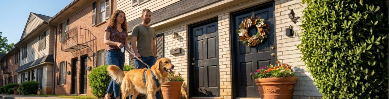 Residents walking a dog outside a pet-friendly apartment community with two-story brick buildings, private front entrances, landscaped greenery, and sidewalk access.