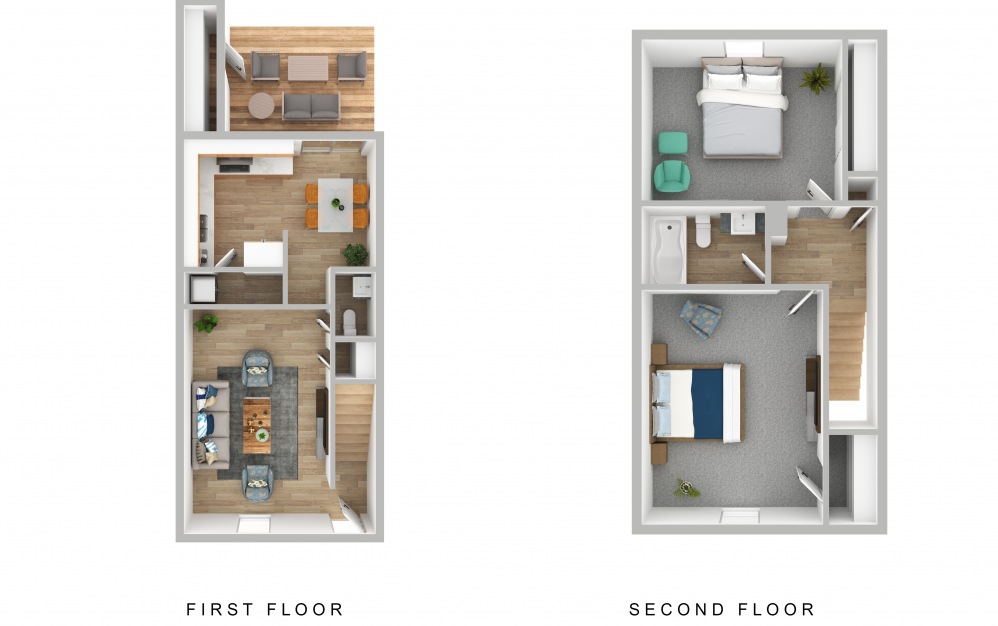 Two Bedroom Townhome - 2 bedroom floorplan layout with 1.5 bath and 1054 square feet (1st floor 3D)