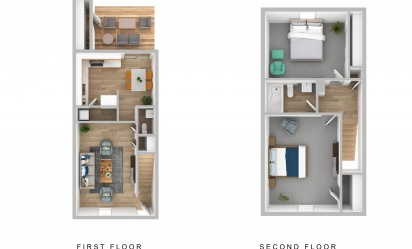 Two Bedroom Townhome - 2 bedroom floorplan layout with 1.5 bath and 1054 square feet